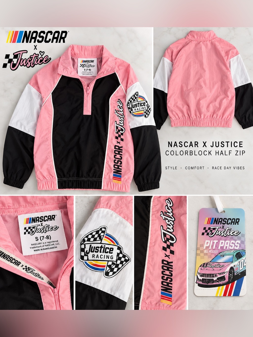 Justice Pink, Black & White NASCAR Colorblock Half-Zip Pullover NWT size 7/8